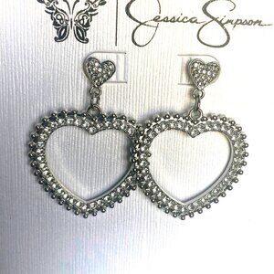 Jessica Simpson Silver Paved Double Heart Rhinestone Stud Dangle Earrings